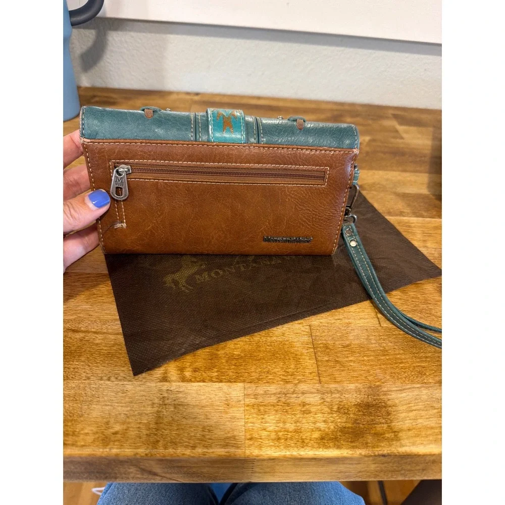 Montana West Wallet Women OS Turquoise Brown Western Studded Whipstitch Wristlet